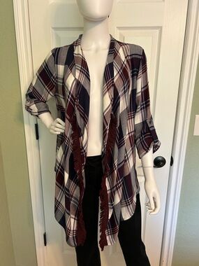 VENUS Navy, Burgundy & Cream Plaid Open Cardigan